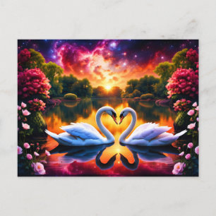 Carte Postale Un couple de cygnes coeur Valentin sous une nébule