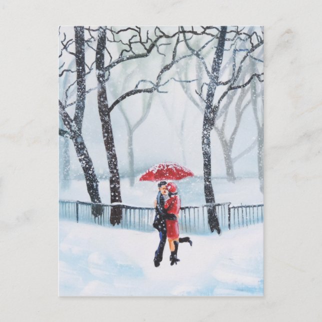Carte Postale Un couple romantique dansant dans le parapluie rou (Devant)