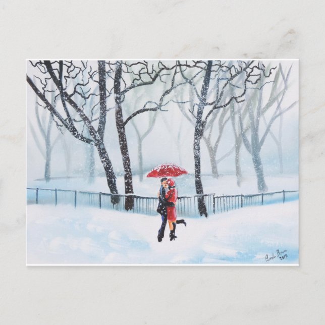 Carte Postale Un couple romantique dansant dans le parapluie rou (Devant)