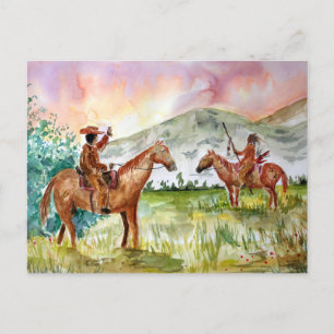 Carte Postale Un cowboy à cheval rencontre les Amérindiens
