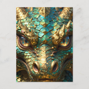 Carte Postale Un dragon mystique turquoise et or