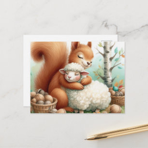 Carte Postale Un écureuil doux fait un câlin à un mouton