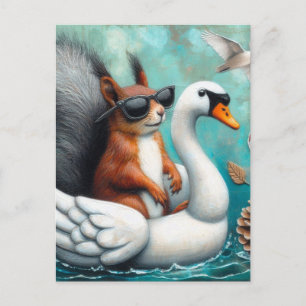 Carte Postale Un écureuil drôle sur un cygne gonflable