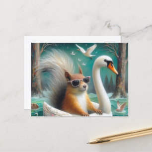 Carte Postale Un écureuil mignon sur une flottille de cygne avec
