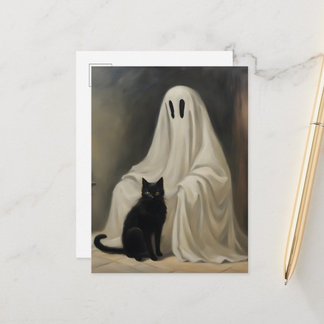 Carte Postale Un fantôme et un chat noir (Devant/Arrière en situation)