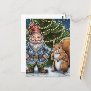 Carte Postale Un Gnome drôle et Noël d'écureuil