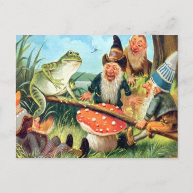 Carte Postale Un Gnome et une grenouille sur une scie de champig (Devant)