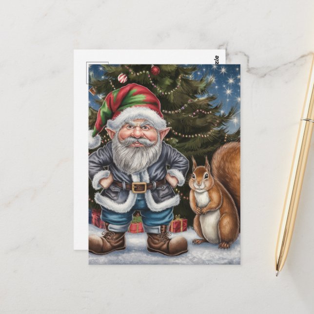 Carte Postale Un Gnome grincheux et Noël des écureuils (Devant/Arrière en situation)