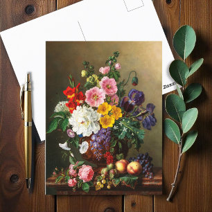 Carte Postale Un grand bouquet de fleurs avec pêches et raisins