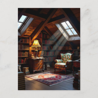 Carte Postale Un grenier cosy rempli de livres baigné dans une d