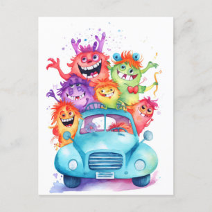Carte Postale Un groupe de monstres rigolos conduit en voiture. 