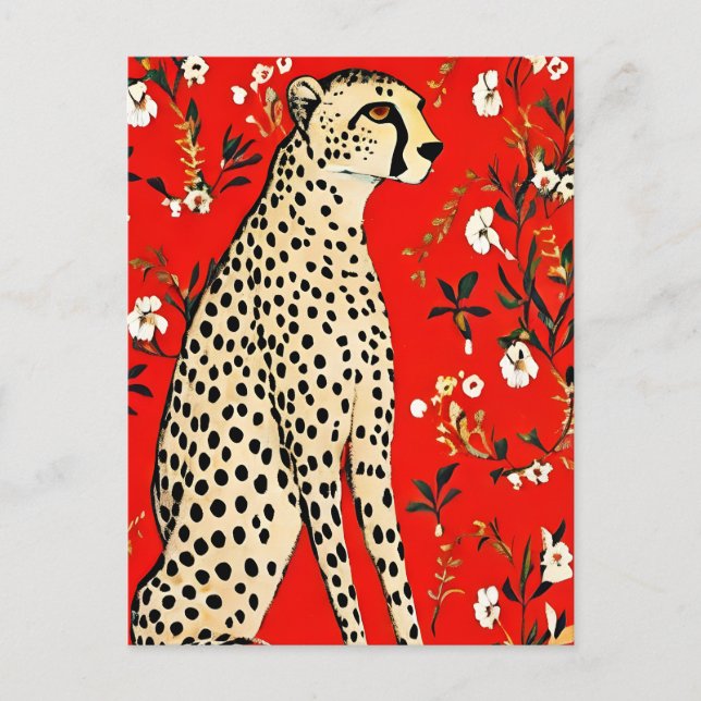 Carte Postale Un guépard sur fond rouge avec des fleurs (Devant)