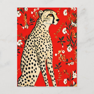 Carte Postale Un guépard sur un Arrière - plan rouge aux fleurs