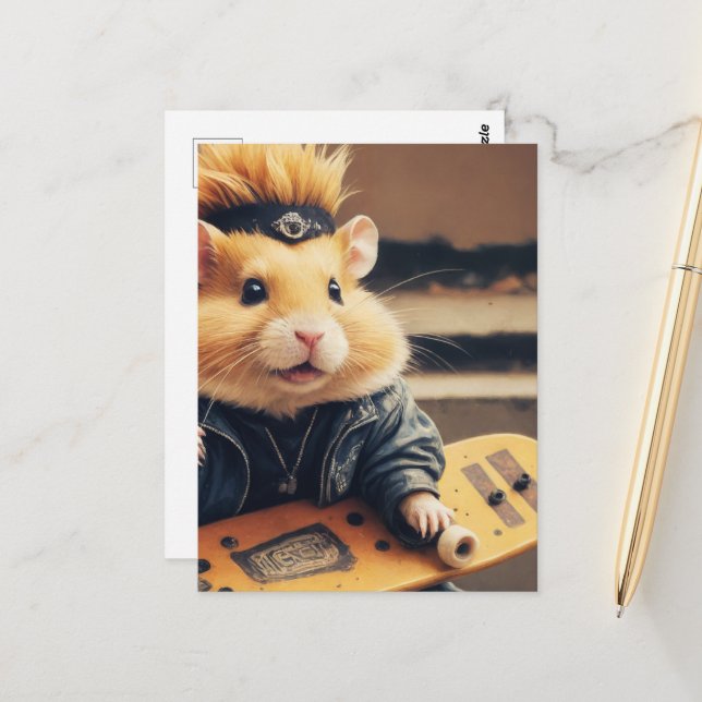 Carte Postale Un hamster punk rétro mignon en skateboard  (Devant/Arrière en situation)
