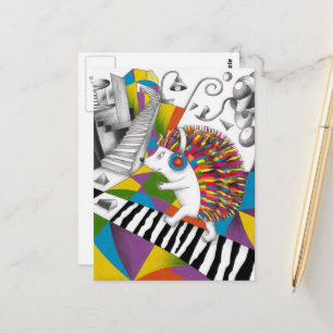 Carte Postale Un hérisson coloré surréaliste écoute de la musiqu