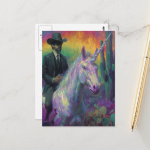 Carte Postale Un homme d'Imaginaire à cheval sur une licorne