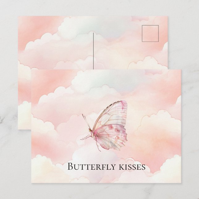 Carte Postale Un Joli Papillon Rose Dans Les Nuages (Devant / Derrière)