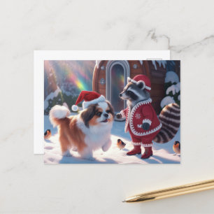 Carte Postale Un joli Raccoon et très mignon chien Festin Noël