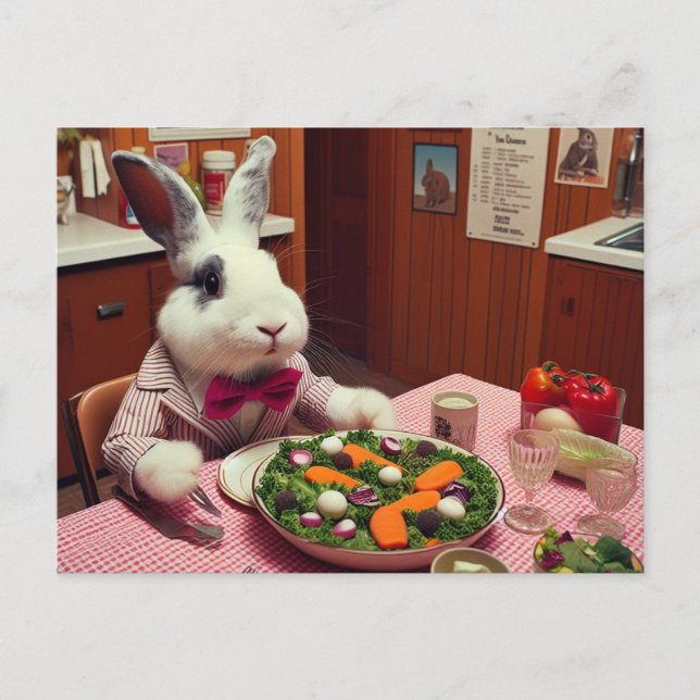 Carte Postale Un lapin amusant commande une salade à un Diner AI (Devant)