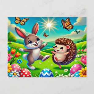 Carte Postale Un lapin et un hérisson heureux