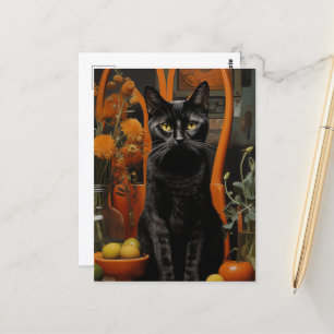 Carte Postale Un magnifique chat noir dans une chaise orange