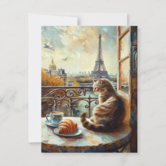 Carte Postale Un matin à Paris | Chat au gingembre dans un café