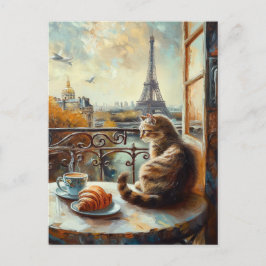 Carte Postale Un matin à Paris | Chat au gingembre dans un café