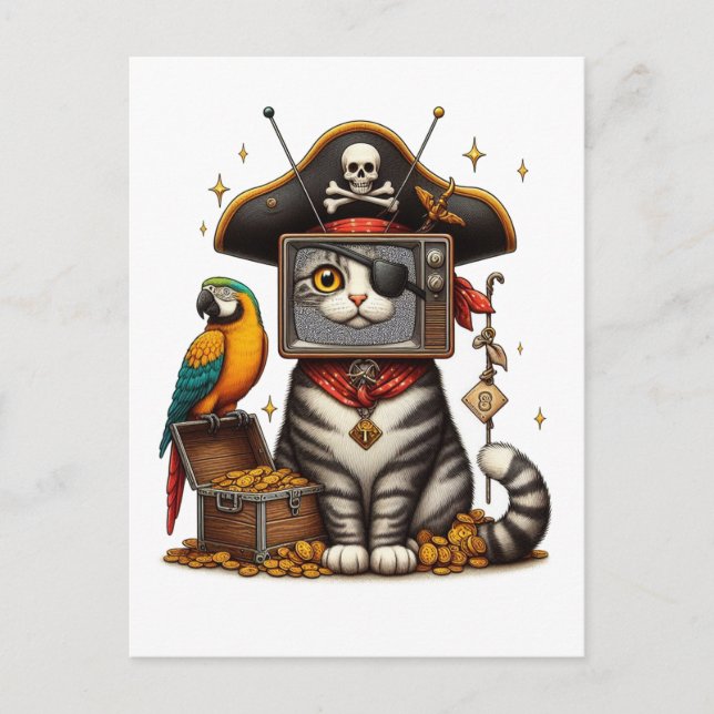 Carte Postale Un mignon chat pirate avec la télévision à la tête (Devant)