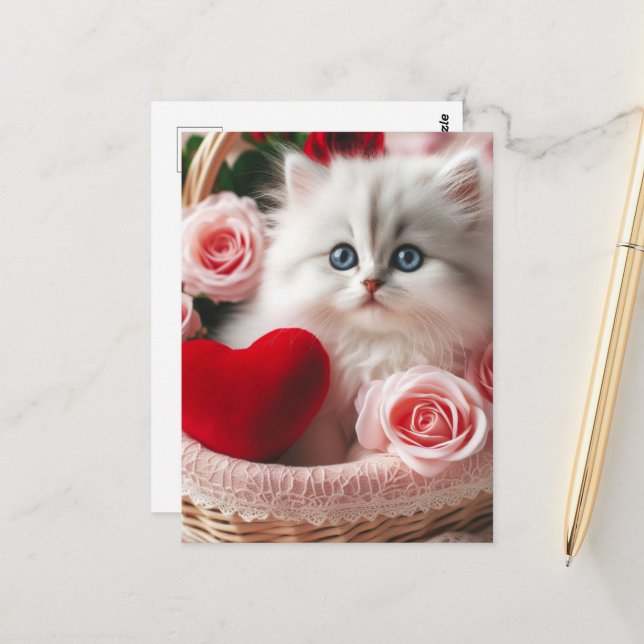 Carte Postale Un mignon chaton de la Saint-Valentin (Devant/Arrière en situation)