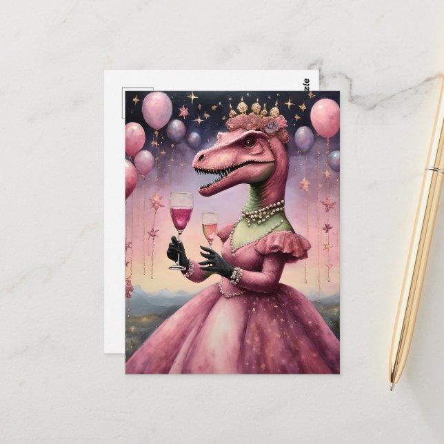Carte Postale Un mignon Dino rose en robe (Devant/Arrière en situation)