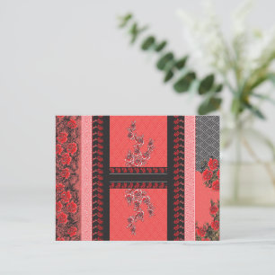 Carte Postale un motif rouge et noir avec des fleurs