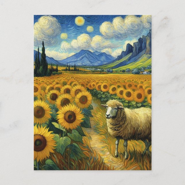 Carte Postale Un mouton dans le champ de tournesol Faux Van Gogh (Devant)