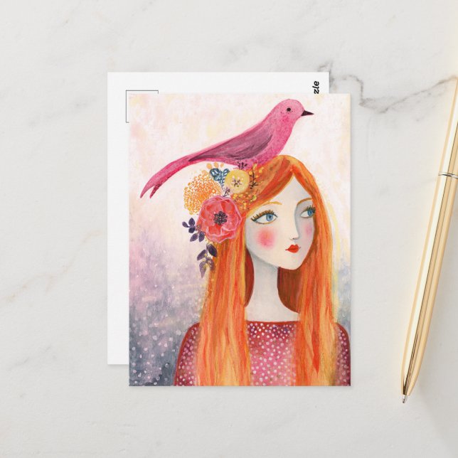 Carte Postale Un oiseau rose dans ses cheveux (Devant/Arrière en situation)