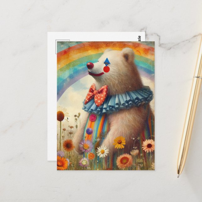 Carte Postale Un ours clown mignon dans une prairie arc-en-ciel (Devant/Arrière en situation)