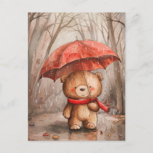 Carte Postale Un ours en peluche mignon sous la pluie