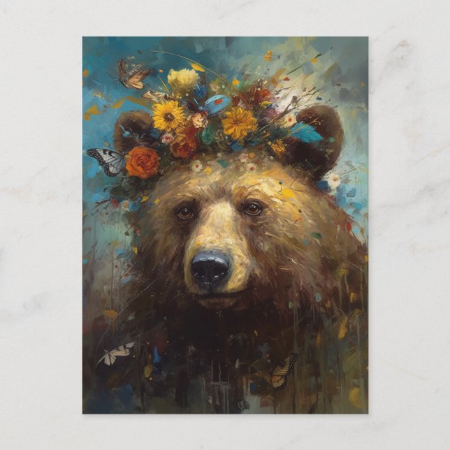 Carte Postale Un ours mignon avec couronne fleurie (Devant)