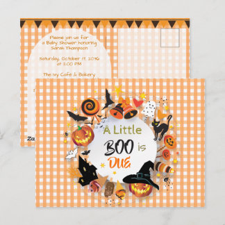 Carte Postale Un petit Boo est dû Orange Gingham QR Baby Shower