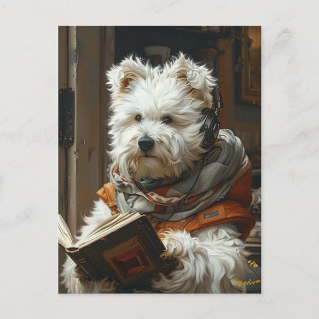 Carte Postale Un Petit Chien Mignonne Lisant Un Livre (Devant)
