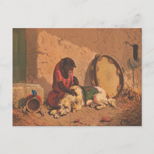 Carte Postale Un singe et un chien avec un grand tambourin (Devant)
