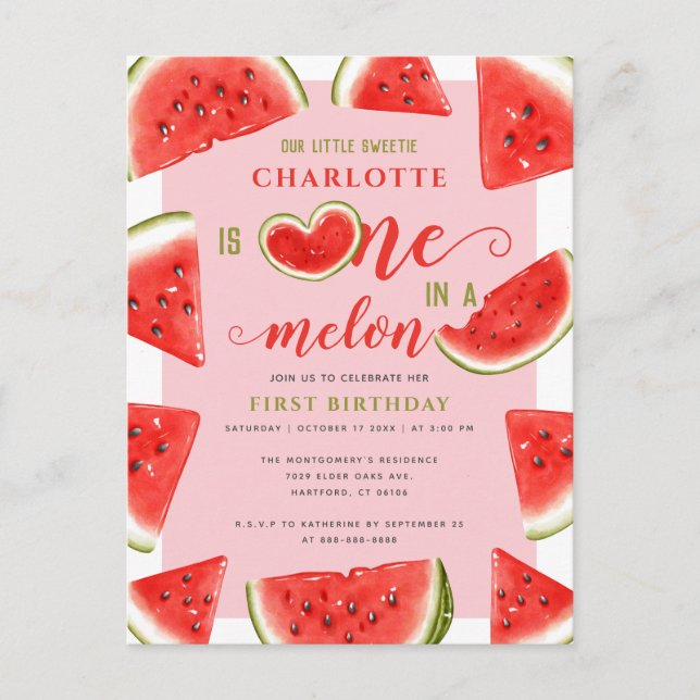 Carte Postale Un sur un melon 1er anniversaire doux pastèque ros (Devant)