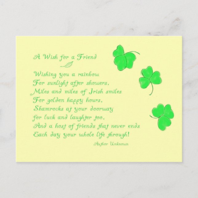 Carte Postale Un voeu pour un poème irlandais d'ami+Shamrock (Devant)