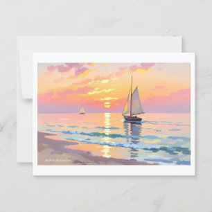 Carte Postale Un voilier au coucher du soleil sur la mer