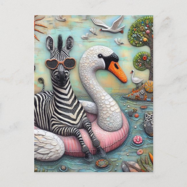 Carte Postale Un Zèbre Cool en vacances dans un cygne flottant (Devant)