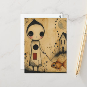 Carte Postale Une adorable fantaisie promenant mon poisson rouge