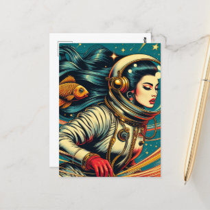 Carte Postale Une astronaute et un poisson rouge Scifi Rétro 