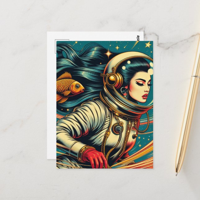 Carte Postale Une astronaute et un poisson rouge Scifi Rétro  (Devant/Arrière en situation)