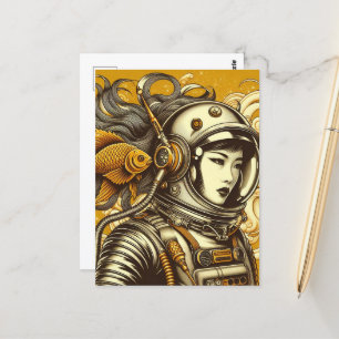 Carte Postale Une astronaute féminine et un poisson rouge
