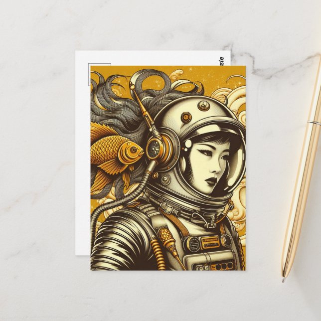 Carte Postale Une astronaute féminine et un poisson rouge (Devant/Arrière en situation)