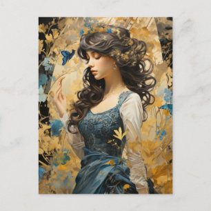 Carte Postale Une belle Femme cheveux longs collage papillon ble
