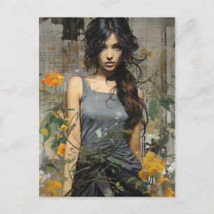 Carte Postale Une belle Femme long cheveux jaune fleurs collage